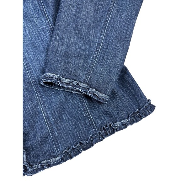 Chico’s Denim Jacket Size 2 Dark Wash Open Front Ruffle Trim Hem Casual Layering - Picture 4 of 11